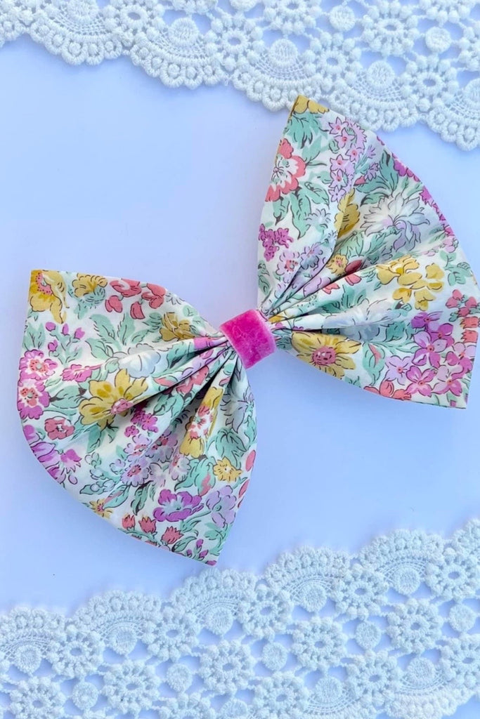 Large Pinch Bow Clip w Velvet Contrast | Liberty of London Tana Lawn Fabric