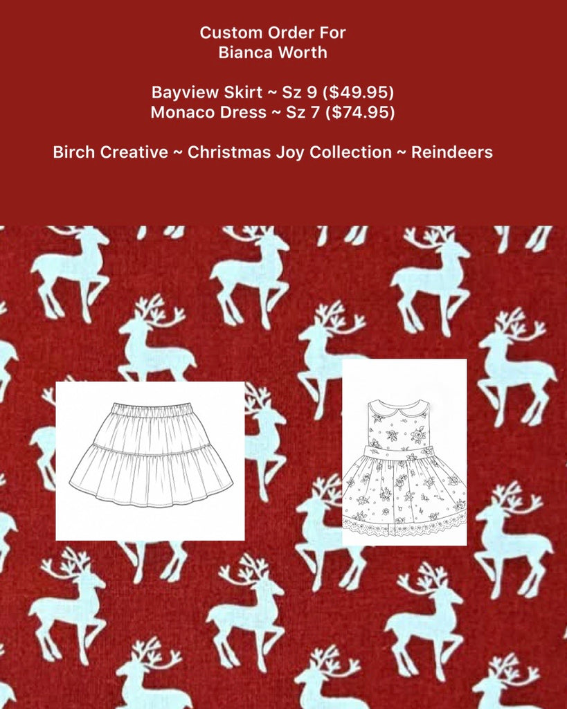 Custom Order For Bianca | Bayview Skirt Sz 9 & Monaco Dress Sz 7 | Birch Creative ~ Christmas Joy Collection ~ Reindeers