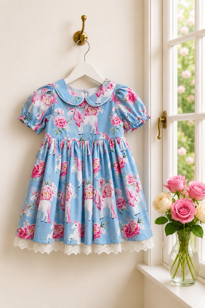Rose Bay Anglaise Dress
‘Prancing Unicorns’ in Blue
OOAK ~ Sz 6