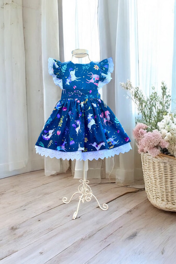 For Stephanie ~ Sz 3 | Charlotte Emma Dress | Unicorn Blue from the Unicorn Meadow Collection by Robert Kaufman