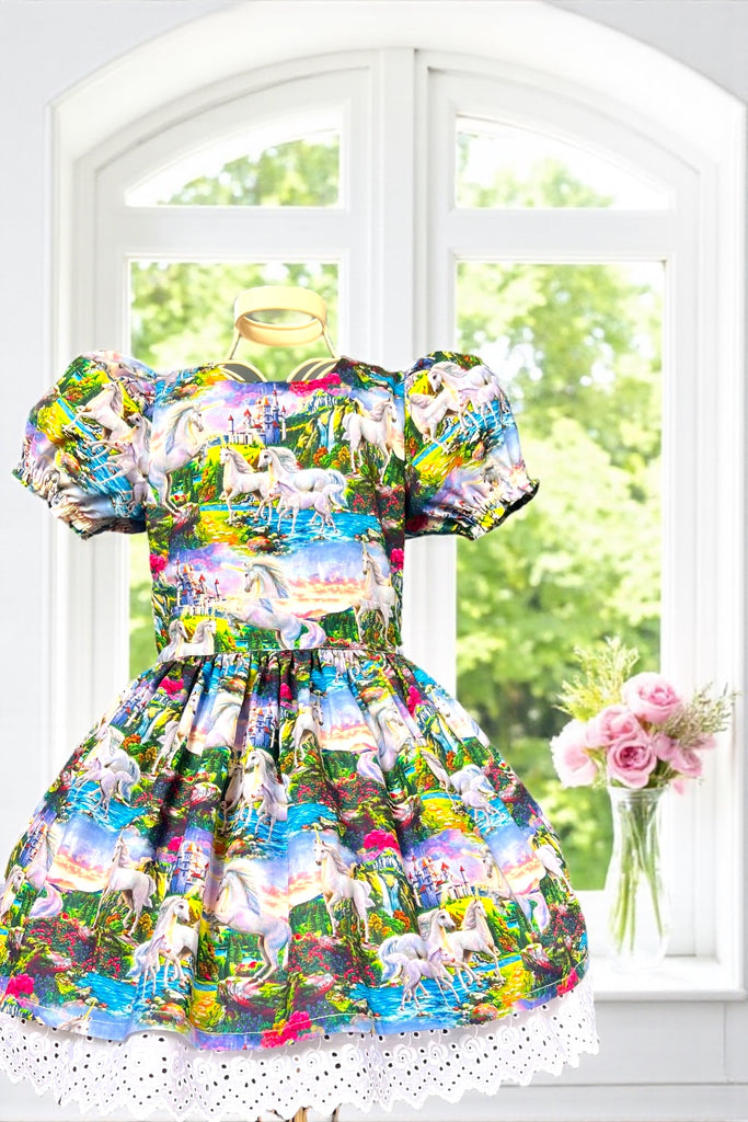 For Samara ~ Sz 5 | Puff Sleeve Anglaise Dress 
‘Magical Unicorns’
For Fabric Editions