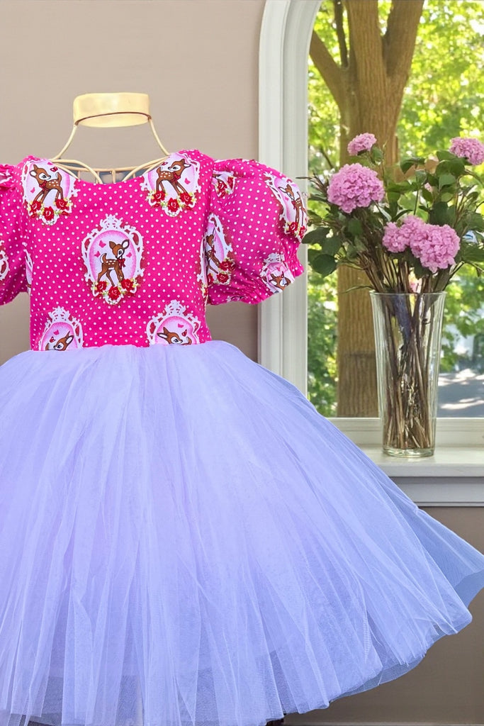 For Bess ~ Sz 3 | Princess Tulle Dress ‘Retro Deer’ in Fuschia Pink  by Holland House - Very Rare Dutch Fabric