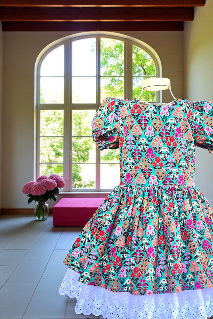 For Deepika ~ Sz 6 | Puff Sleeve Anglaise Dress ‘Floral Bouquet’ in Turquoise Folk Flora Collection by Caroline Alfreds for 3 Wishes Fabric