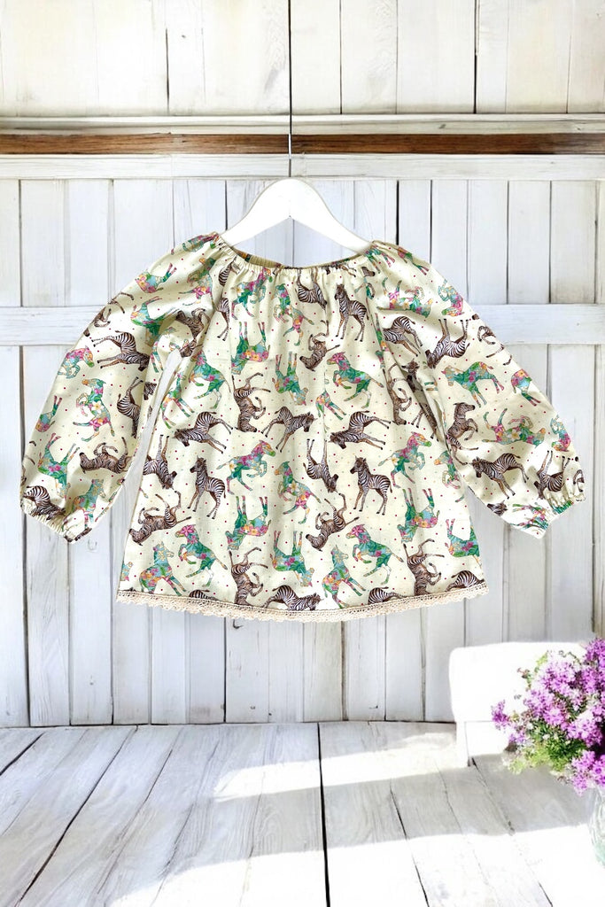 Long Sleeve Seaside Top ~ ‘Flower Zebras’ in Butter Yellow