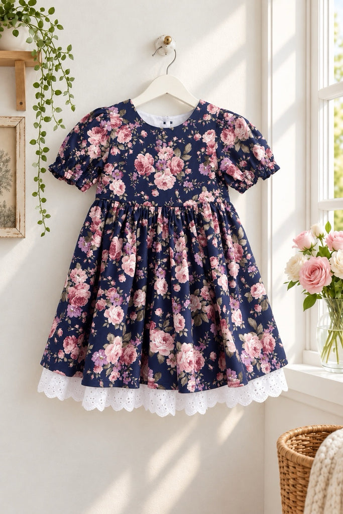 Puff Sleeve Anglaise Dress  | Ophelia in Navy ~ Sz 5 & 6
