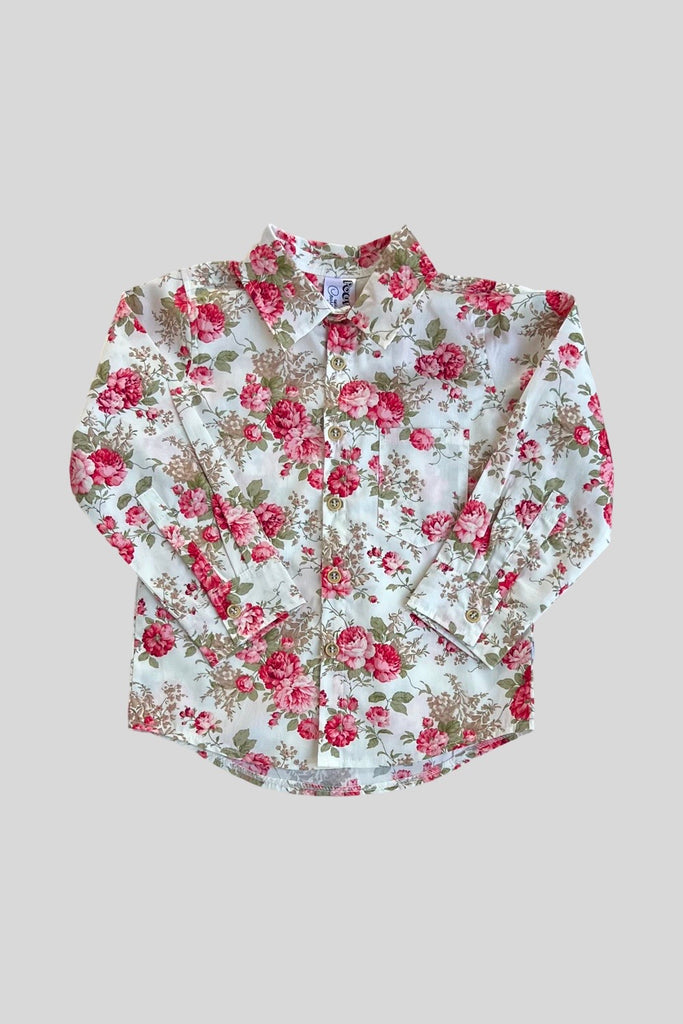 For Samara ~ Sz 2 | Long Sleeve Button Shirt | Rose Garden in Strawberries & Cream