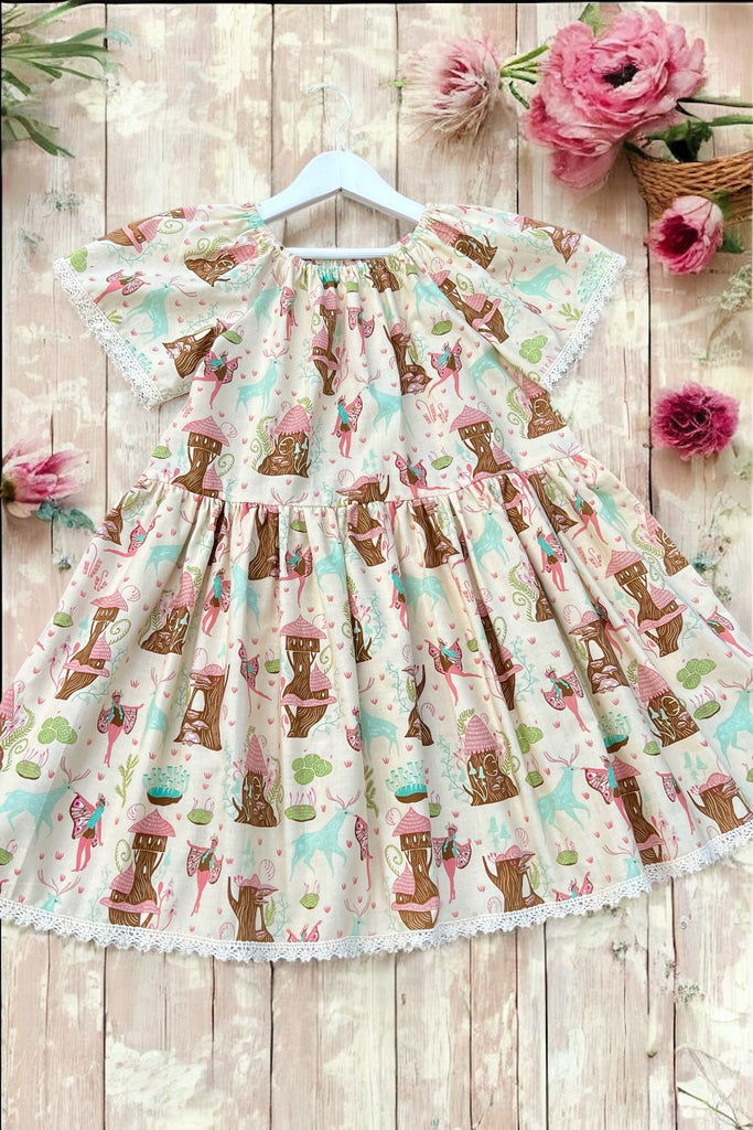 Vintage Seaside Dress | Deer & Nymphs in Vanilla from the Woodland Nymphs Collection by Dear Stella ~ Sz 8