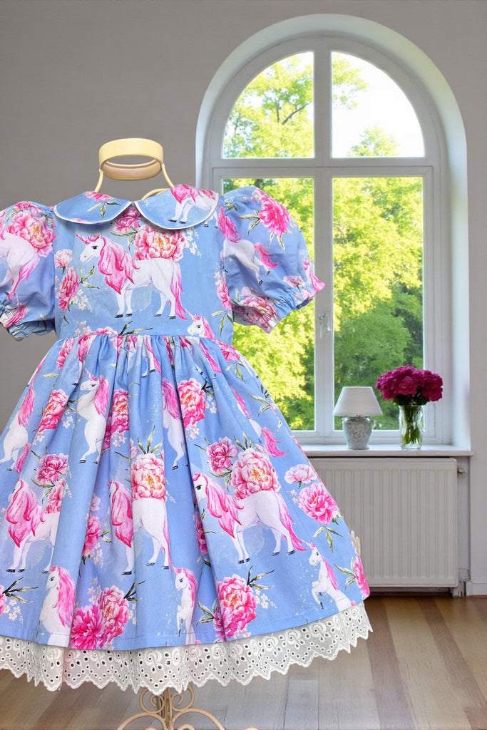 Rose Bay Anglaise Dress
‘Prancing Unicorns’ in Blue
OOAK ~ Sz 6