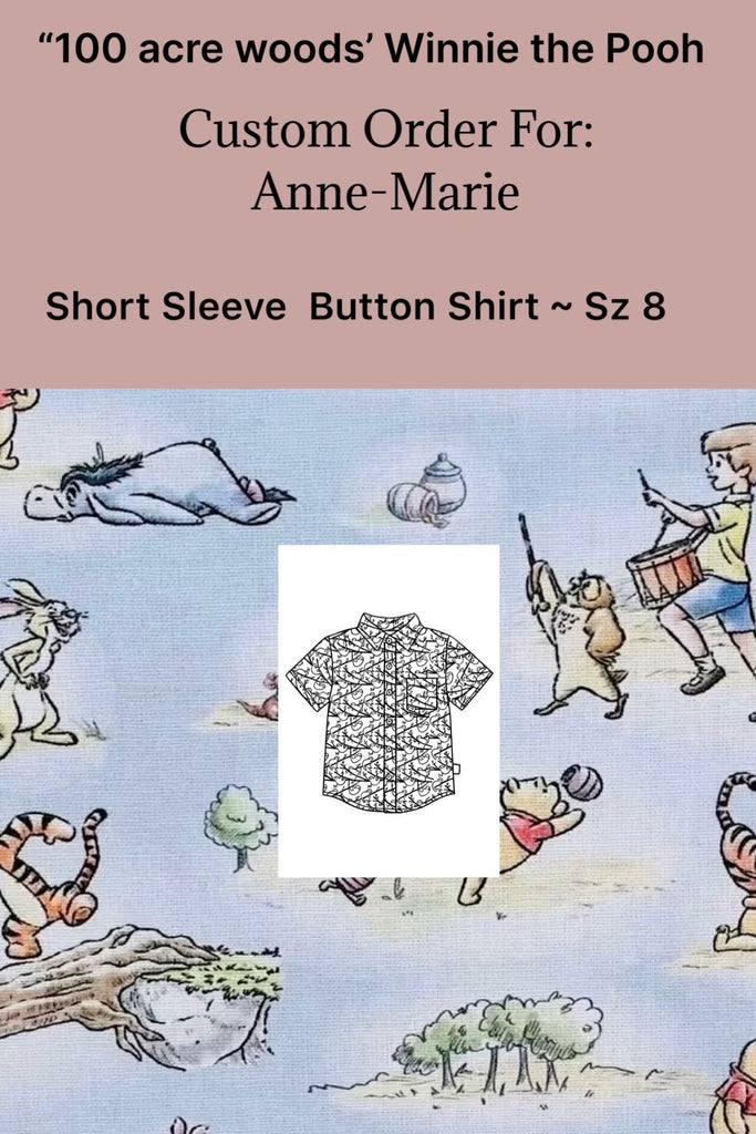 Custom Order For Anne-Marie | “100 acre woods’ Winnie the Pooh | Button Shirt ~ Sz 8