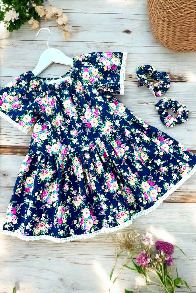 Vintage Seaside Dress | Enchanted Flora in Navy |  OOAK ~ Sz 4 + 2 Free Matching Scrunchies