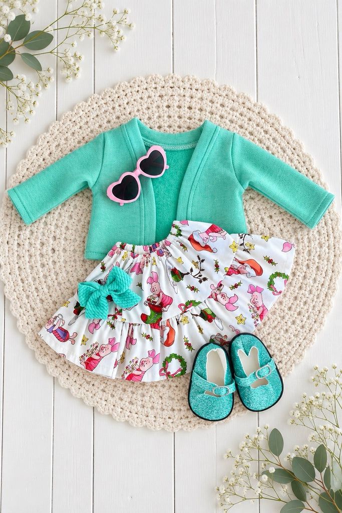 For Bess | Dolly Piglet’s Christmas Skirt & Mint Jacket + Free Accessories  To Fit Our Gen Dolls