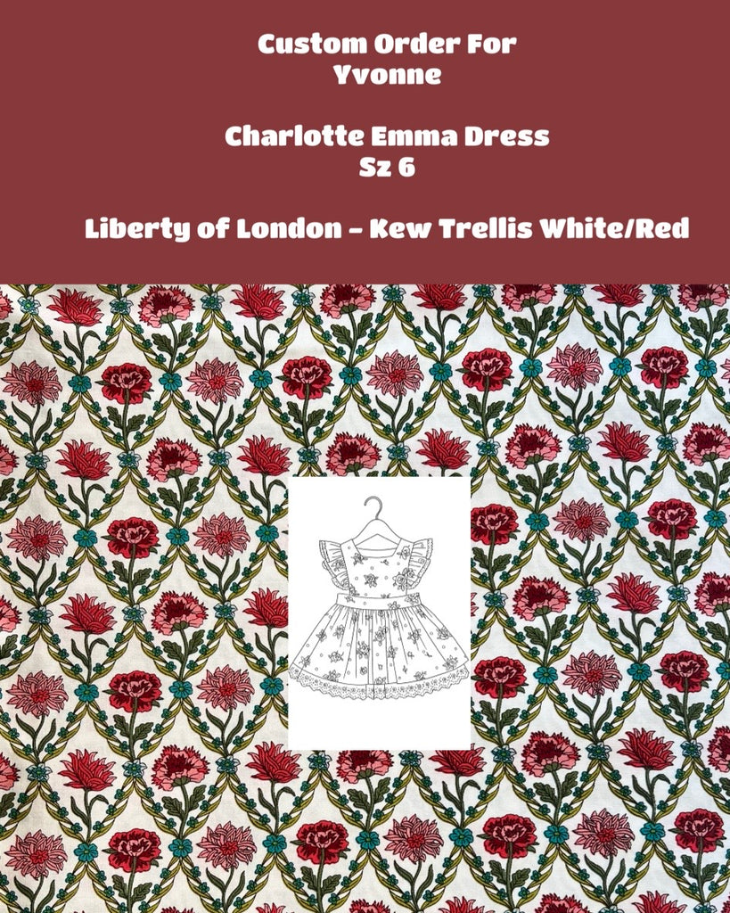 Custom Order For
Yvonne | Charlotte Emma Dress Sz 6 | Liberty of London - Kew Trellis White/Red