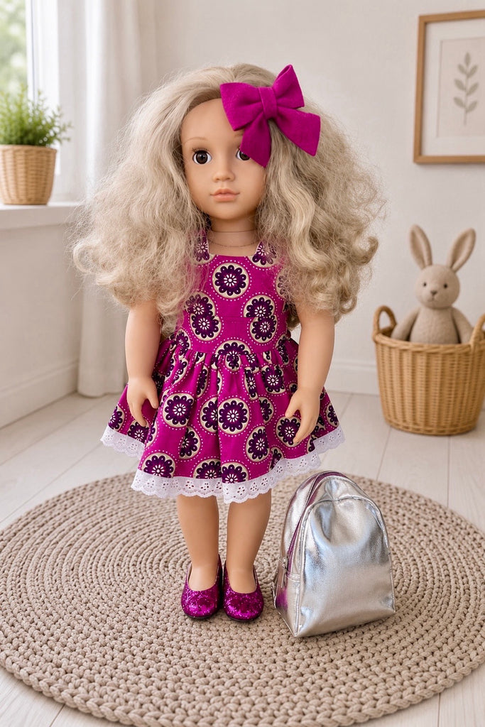 For Vanessa Jensen | Dolly Dress +  Free Sparkly Shoes, Bow Clip & Backpack
For Our Gen Dolls
