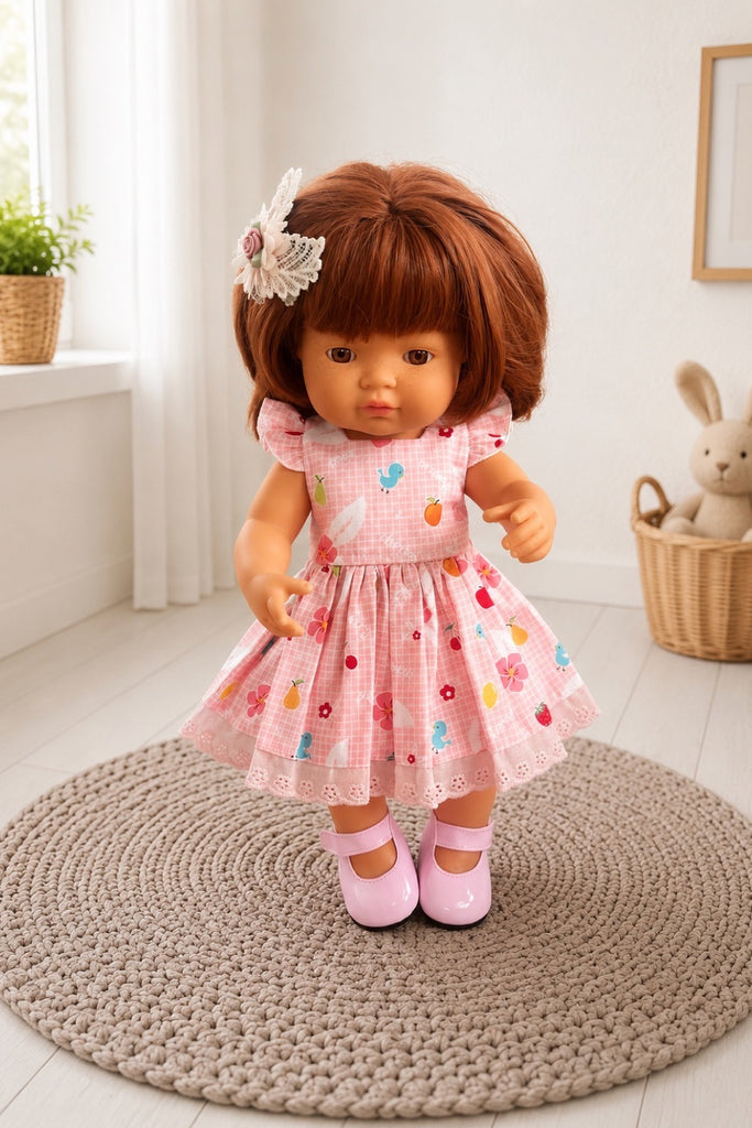 For Donna |Doll Dress made with rare & oop Lecien fabric + Free Shoes & Bow Clip For Miniland Dolls