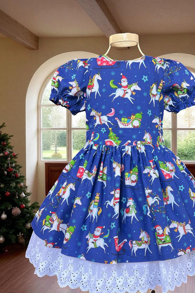 For Belle  ~ Sz 6                              🎄Christmas 🎄 Anglaise Dress ‘Santa’s Christmas Unicorns’  By Fabric Traditions