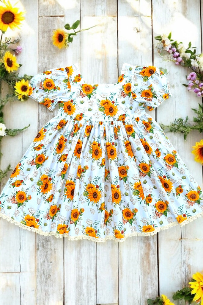 For Yvonne ~ Sz 6 | Babydoll Dress with Puff Sleeves ~ Sunflowers & Butterflies