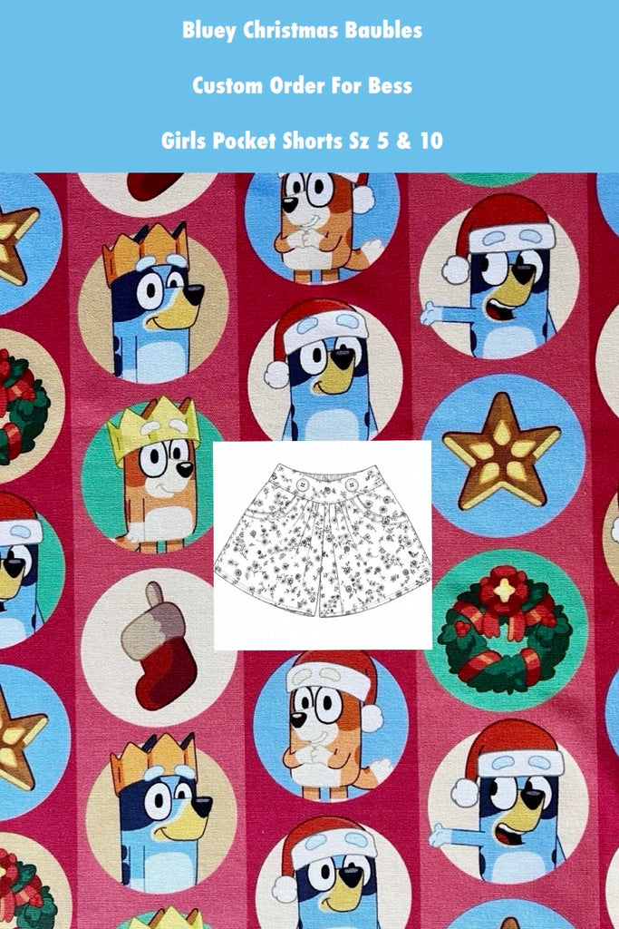 Custom Order For Bess | Bluey Christmas Baubles | Girls Pocket Shorts ~ Sz 5 & 10|