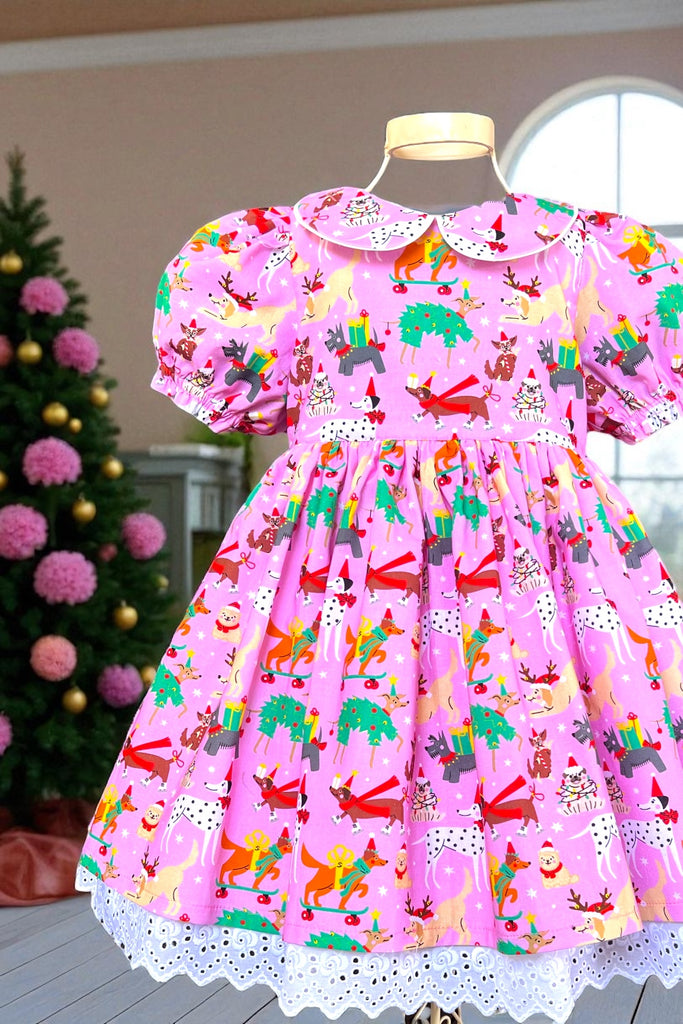 For Donna ~ Sz 8        🎄Christmas 🎄 ℕ𝕖𝕨 𝕊𝕥𝕪𝕝𝕖 ❤︎︎ Rose Bay Dress with Broderie Anglaise ‘Christmas Fun Pups’