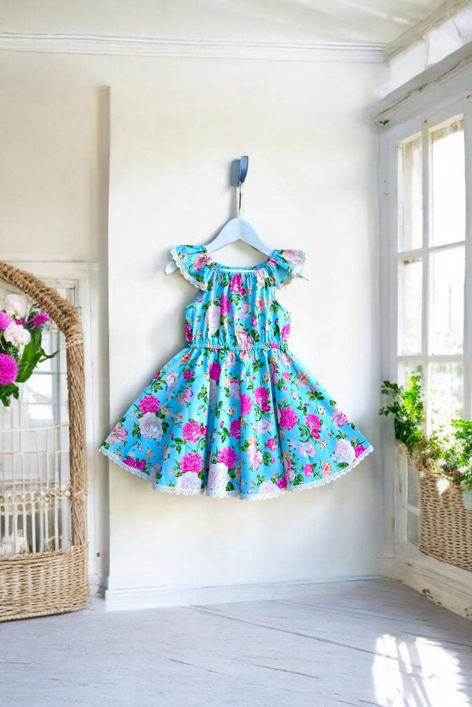 High Waisted Twirling Dress | Whispering Blooms (Sky)