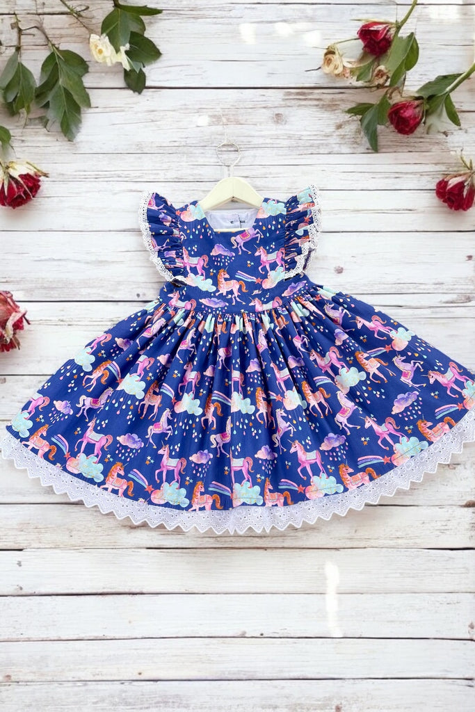 Charlotte Emma Dress | Rainbow Unicorns ~ Indigo | OOAK ~ Sz 6