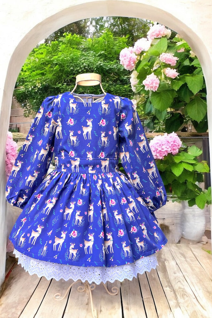 Long Sleeve Anglaise Dress | ‘Floral Deers’ ~ Sz 4
