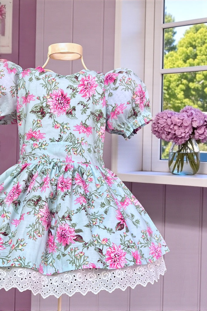 Puff Sleeve Anglaise Dress | ‘Lizzie’ In Aqua |Beautiful Cotton Lawn Fabric ~ OOP | Sz 3 & 10 Only