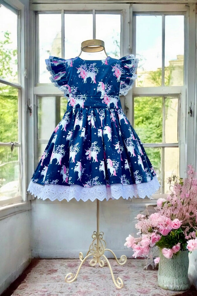 Charlotte Emma Dress | Small Prancing Unicorns in Navy | Sz 0,1,2,3,4