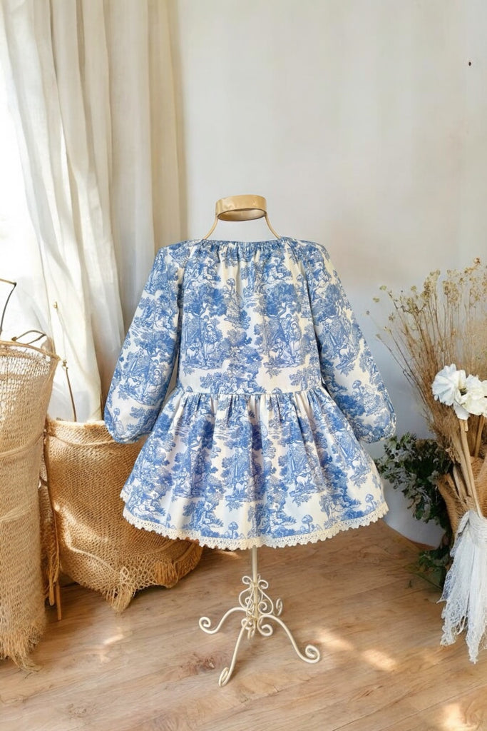 Long Sleeve Seaside Dress | Toile de Jouy in Blue