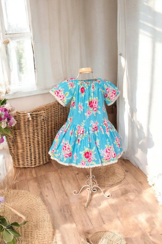 Vintage Seaside Dress | Made with Lecien ‘Flower Sugar’ (Turquoise) ~ Sz 5