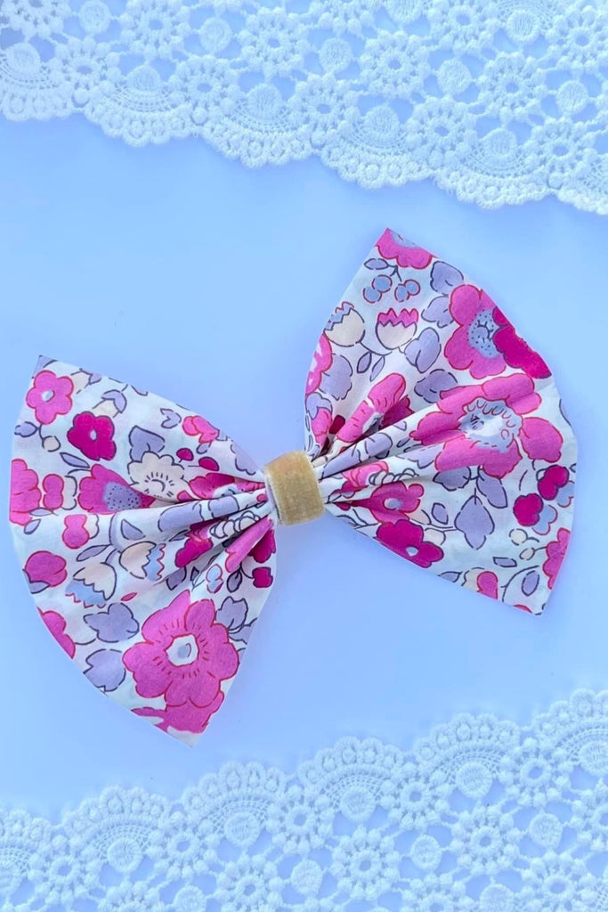 Large Pinch Bow Clip w Velvet Contrast | Liberty of London Tana Lawn Fabric | Betsy X