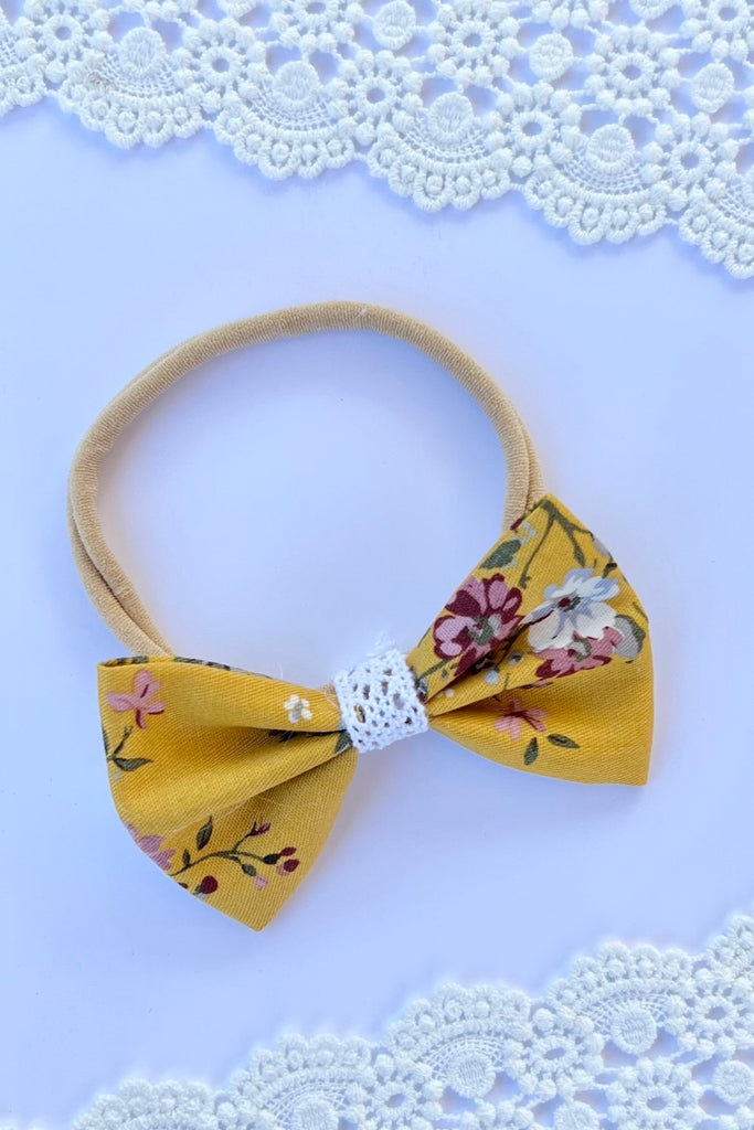 Small Bow Headband w Lace Contrast | Muireann Mustard