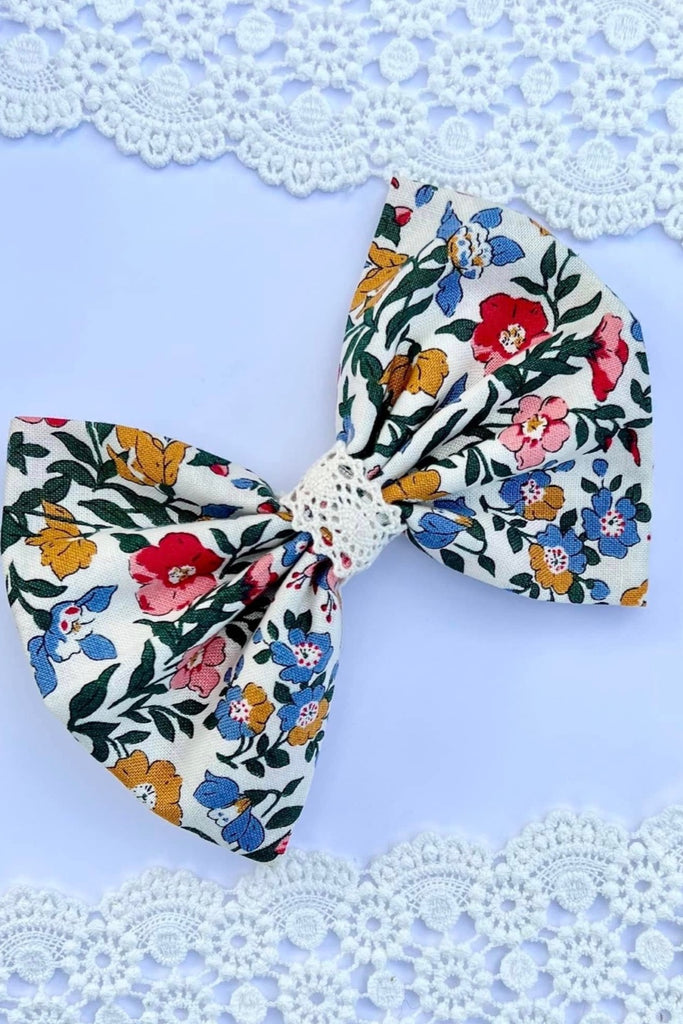 Large Pinch Bow Clip w Lace Contrast | Liberty of London Lasenby Fabric | English Garden Collection | Mamie