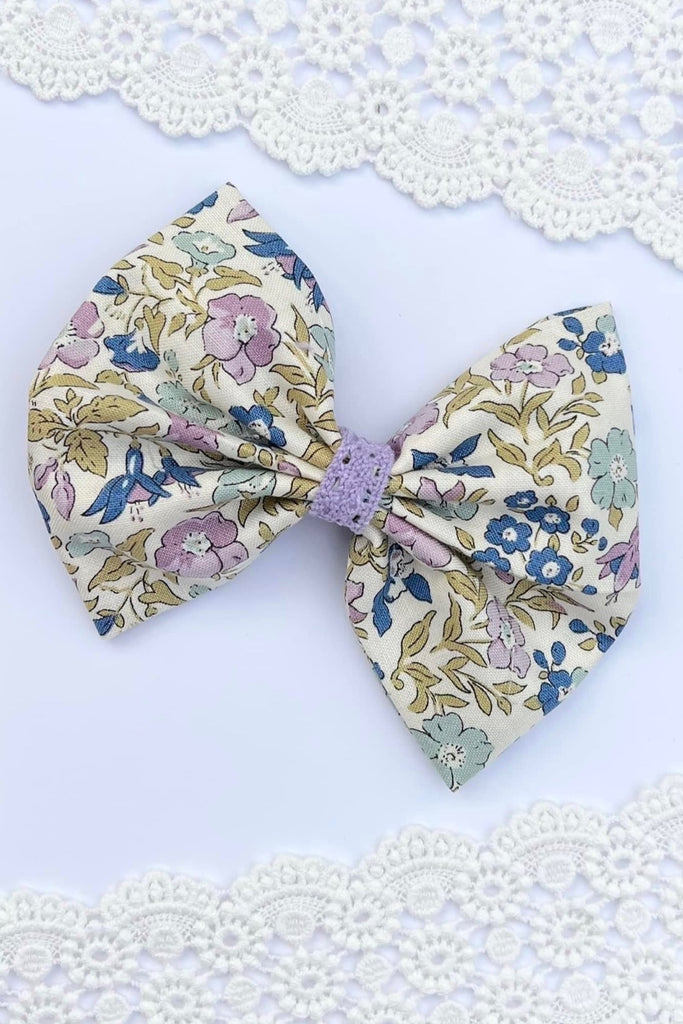 Large Pinch Bow Clip w Lace Contrast | Liberty of London Lasenby Fabric | English Garden Collection ~ Mamie