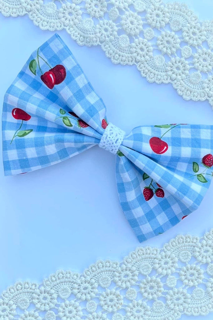 Large Pinch Bow Clip w Lace Contrast | Vintage Fabric | Cherries, Strawberries & Gingham