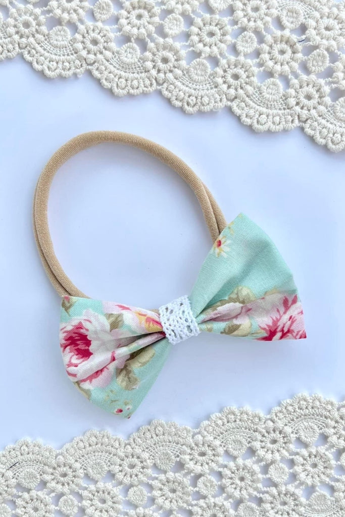 Small Bow Headband w Lace Contrast | Designer Fabric by Lecien
