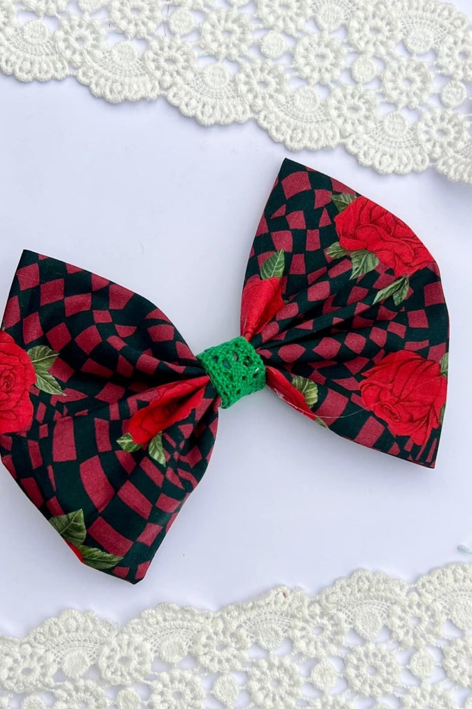 Large Pinch Bow Clip w Lace Contrast | Liberty of London Tana Lawn Fabric | Checkered Rose