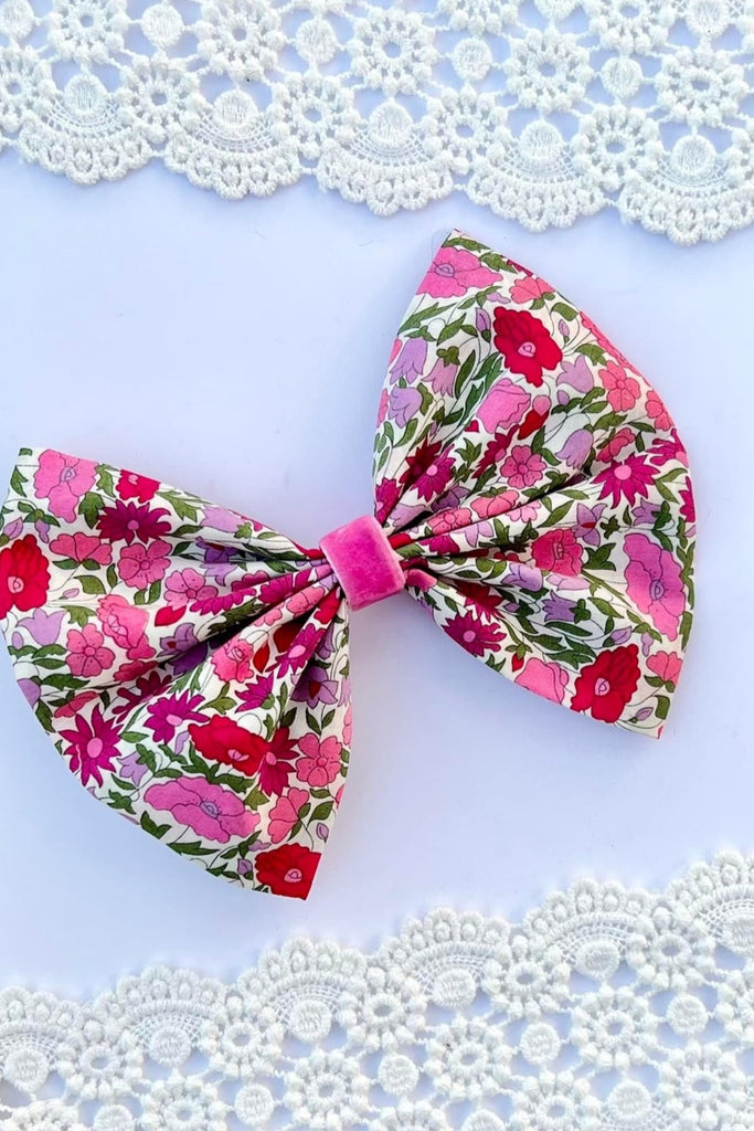 Large Pinch Bow Clip w Velvet Contrast | Liberty of London Tana Lawn Fabric | Poppy Forest C