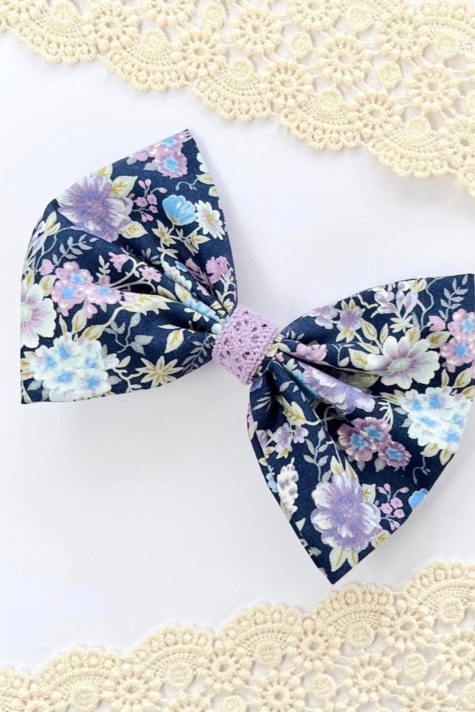 Large Pinch Bow Clip w Lavender Lace Contrast | Olivia Purple