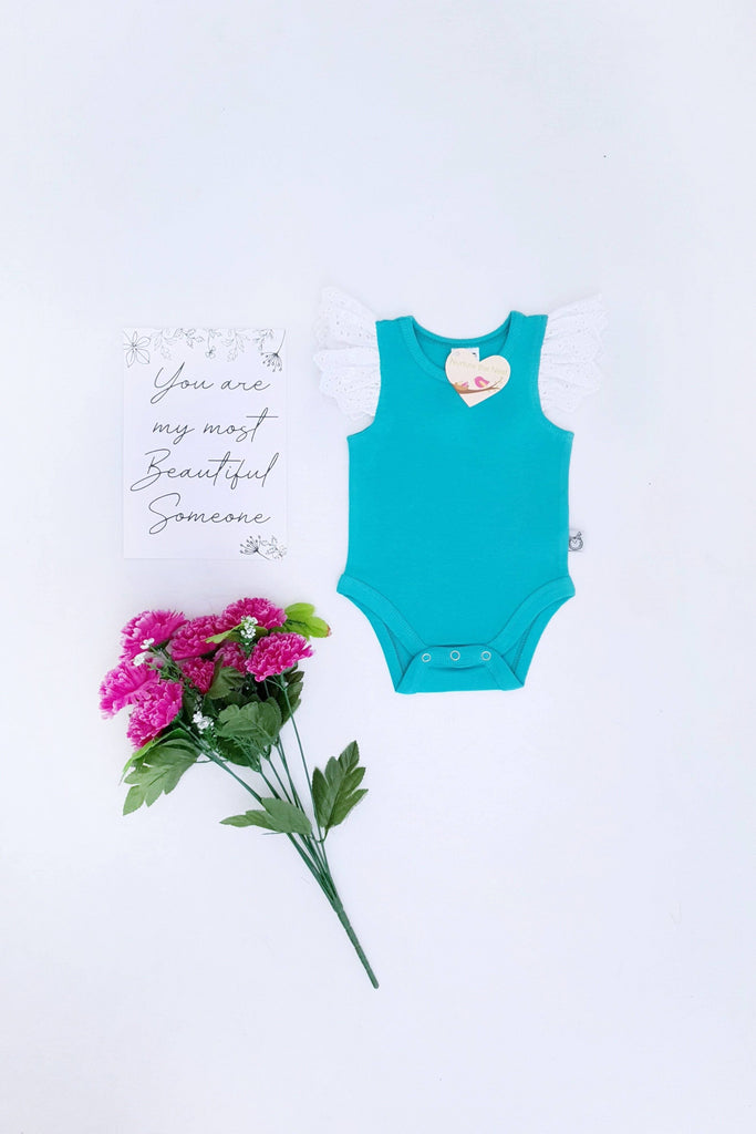 Broderie Anglaise Flutter Romper - Teal - 0000 to 2yrs Romper Nurture the Nest 