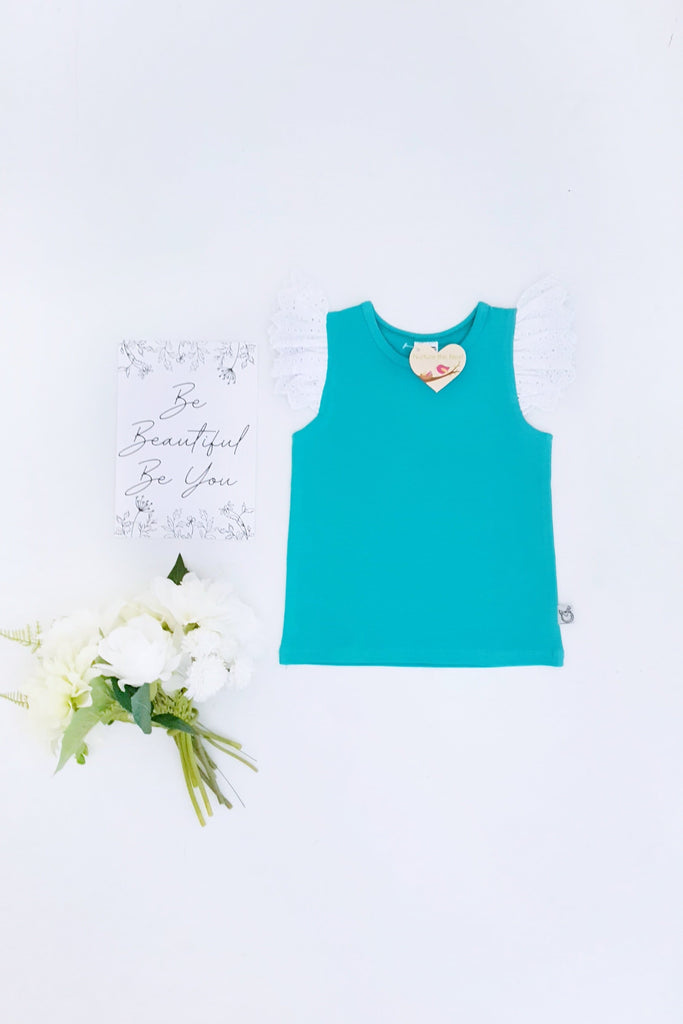 Broderie Anglaise Flutter Tee - Teal - 0 to 6yrs Flutter Tee Nurture the Nest 