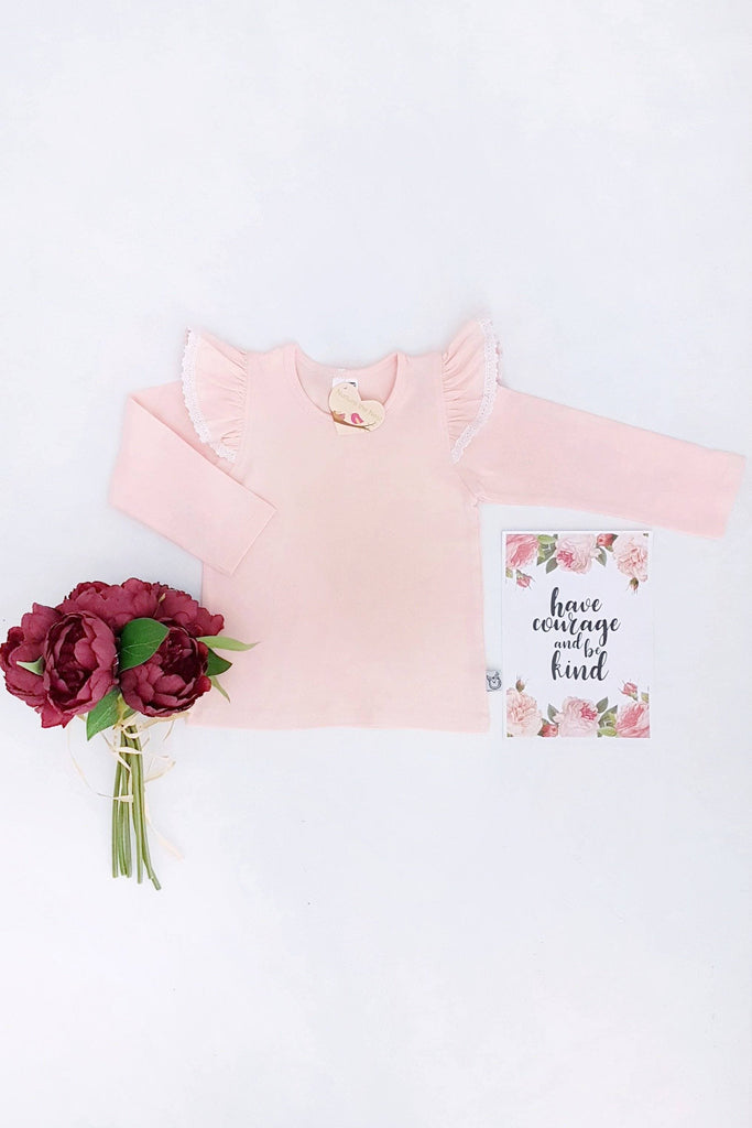 Long Sleeve Flutter Tee with Lace - Apricot (Ballet Pink) Flutter Tee Nurture the Nest 