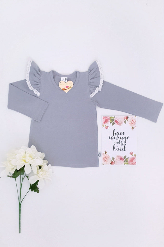 Long Sleeve Flutter Tee with Lace - Ash Grey Flutter Tee Nurture the Nest 