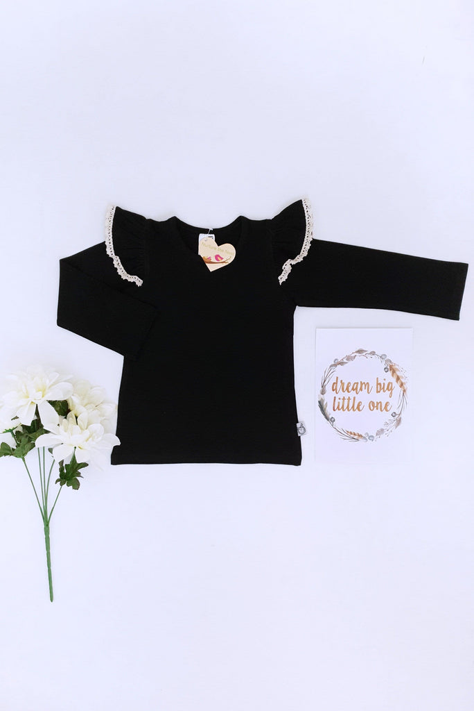 Long Sleeve Flutter Tee with Lace - Black Flutter Tee Nurture the Nest 