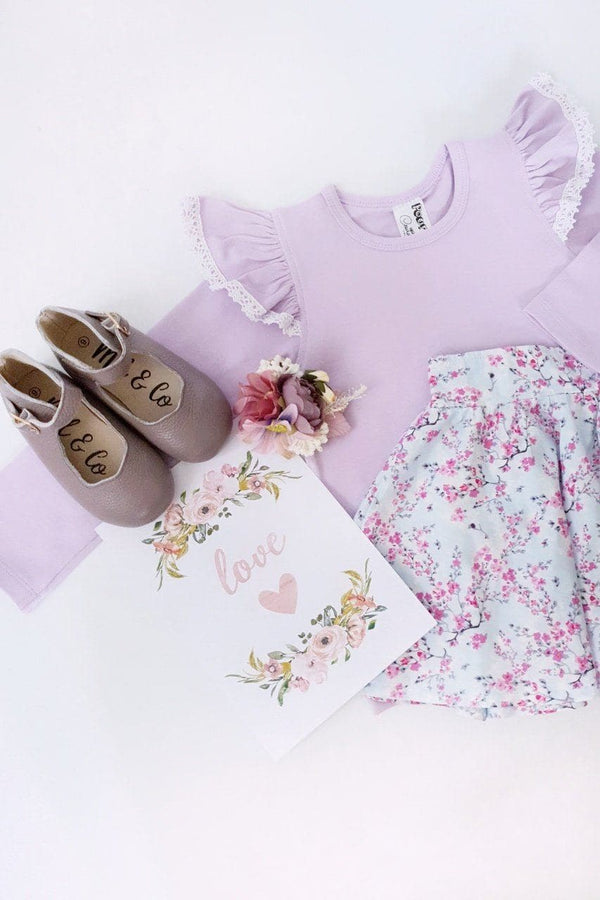 Long Sleeve Flutter Tee with Lace - Lavender Flutter Tee Nurture the Nest 