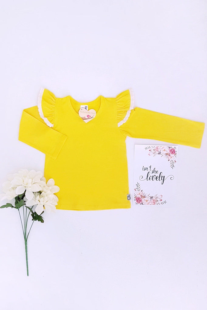 Long Sleeve Flutter Tee with Lace - Sunshine Yellow Flutter Tee Nurture the Nest 