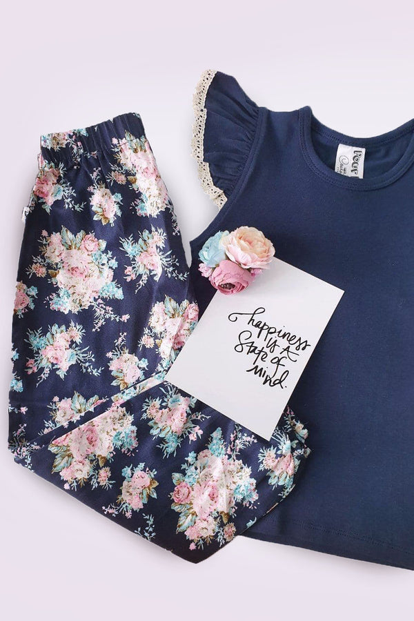 Flutter Tee with Lace - Navy